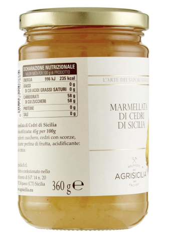 Agrisicilia Sicilian Cedar Jam, Seasonal Fruit and Craftsmanship Jar 360 g Excellent for Breakfast and Snack